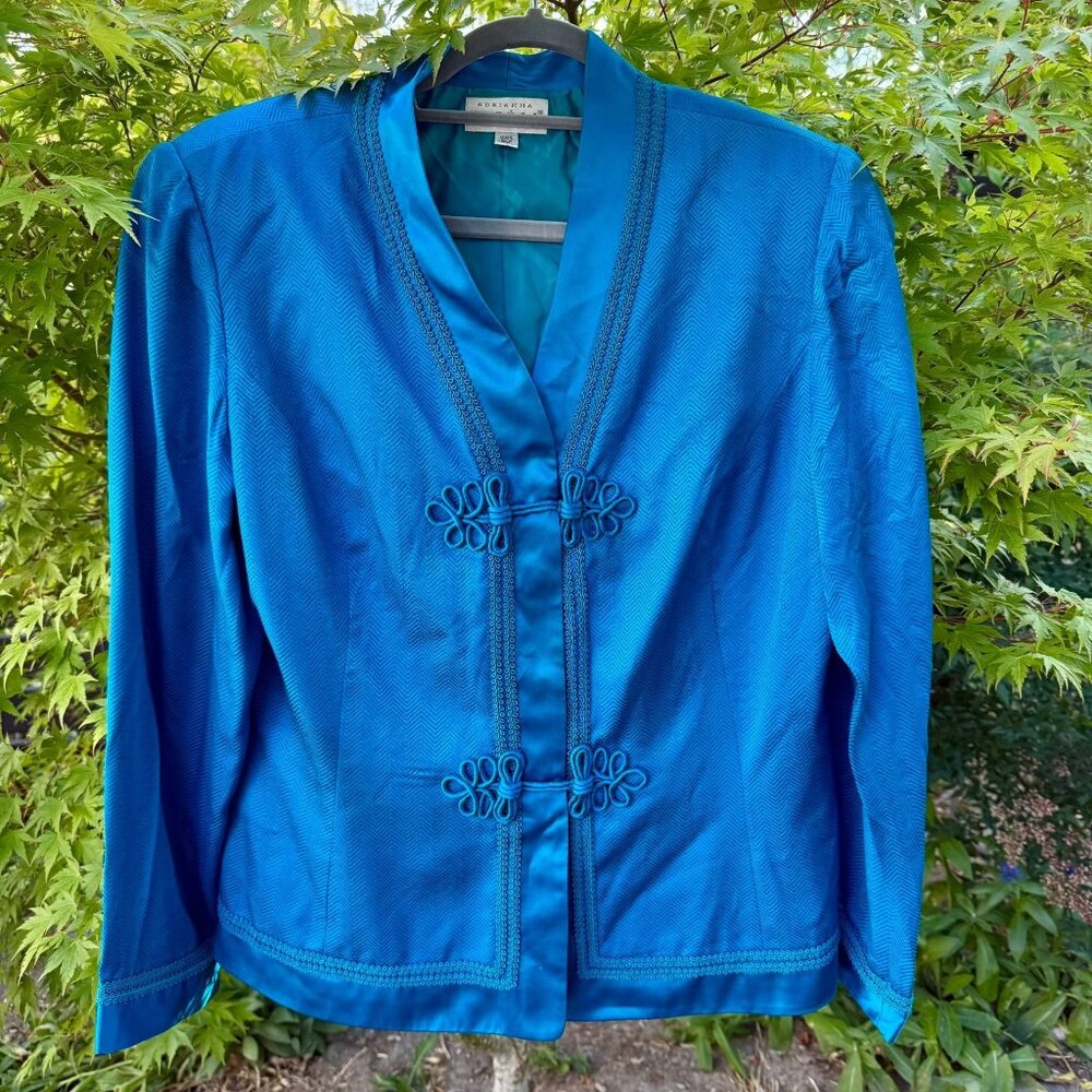 Adrianna Papell Peacock Blue Embroidered 100% Silk Evening Jacket Womens Size 16